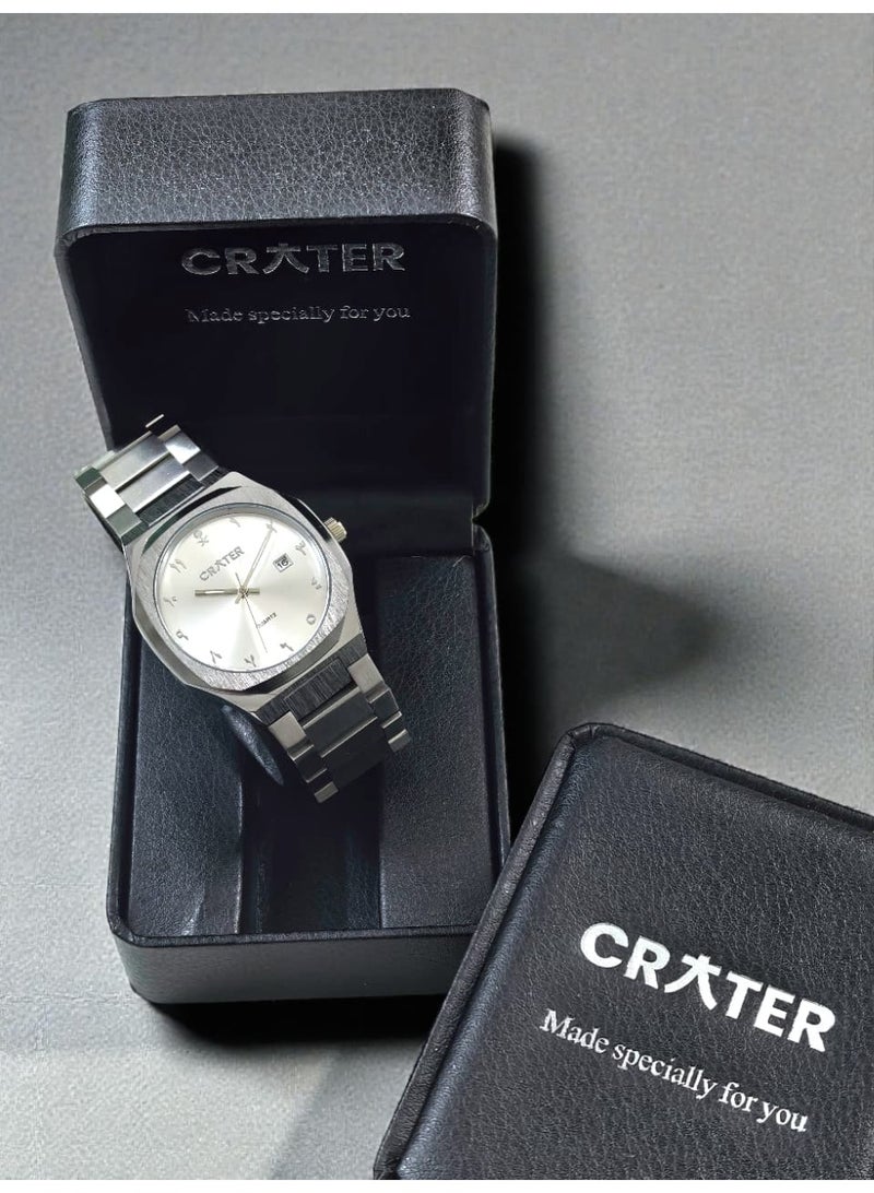 كريتر  ساعة كريتر (CRATER) للرجال – تصميم ملكي فاخر من الستانلس ستيل، مينا كلاسيكي مع عرض التاريخ، مقاومة للماء – تشمل علبة الماركة (فضي/فضي). - Image 3